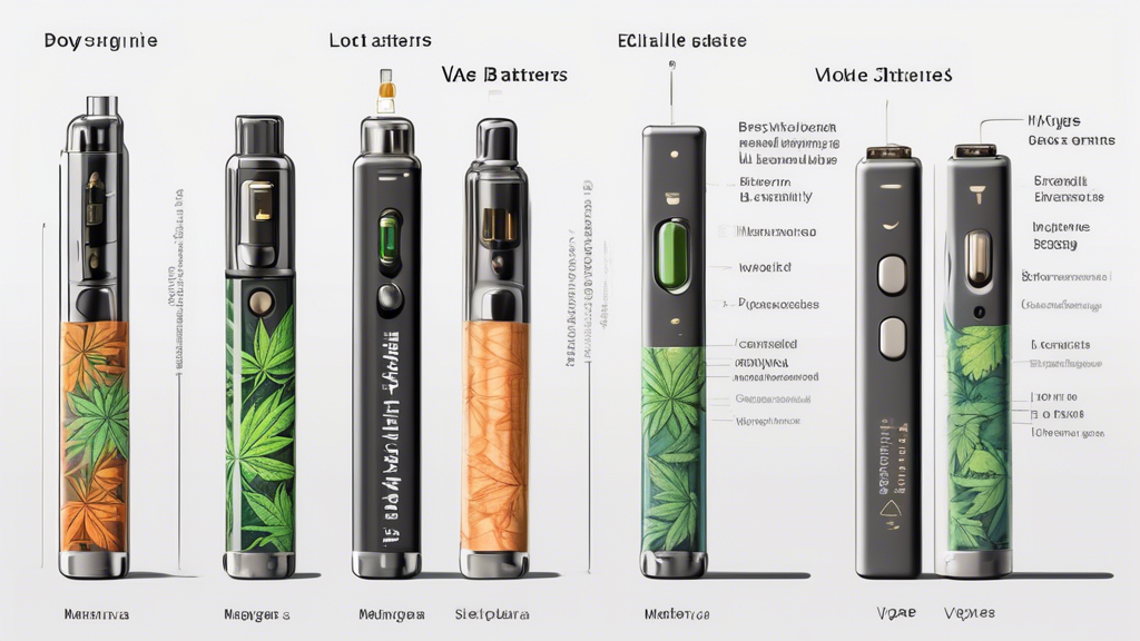 A detailed illustration of various types of marijuana vape batteries, showing their features and designs in an organized layout. Includes sleek pen-style batteries, compact box mod batteries, and adva