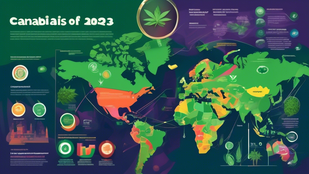 An illustrated infographic showcasing the top cannabis facts of 2023, including health benefits, legal changes, and consumer trends, set against a background of cannabis leaves and a digital globe highlighting countries with significant policy updates.