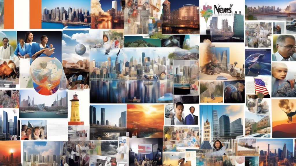 Create an image collage illustrating the major news highlights from around the world on July 25, 2024. Include elements such as a breaking news banner, a futuristic cityscape, environmental phenomena,