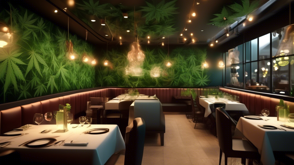 Create an image of a stylish, modern restaurant with patrons enjoying gourmet dishes infused with cannabis. The ambiance should be elegant and inviting, with subtle hints of marijuana leaves in the de