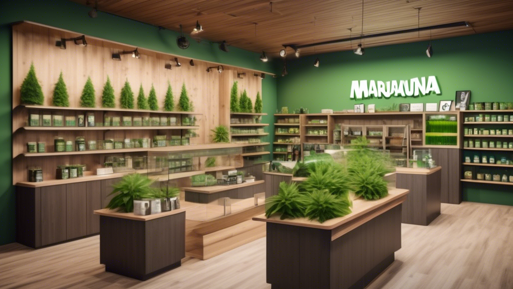 Create an image of a modern, welcoming marijuana dispensary located in a small, charming town with a scenic backdrop. The store has a sign that reads Marijuana Mart and features vibrant, green outdoor