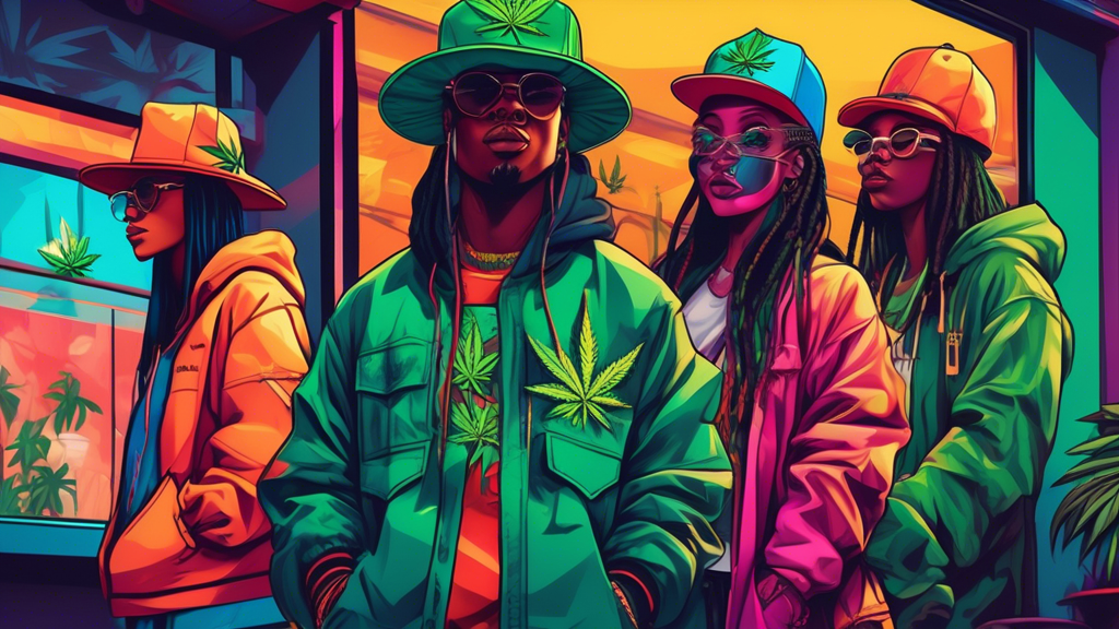 A stylish urban scene featuring diverse people wearing trendy hats decorated with subtle yet artistic marijuana leaf designs. The background displays a modern streetwear boutique with a window showcas