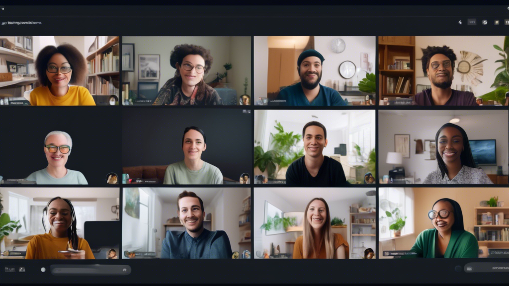 Create an image of a virtual Zoom meeting where one participant is visibly using marijuana. The scene should show a diverse group of people in small video chat windows, with one window showing a perso