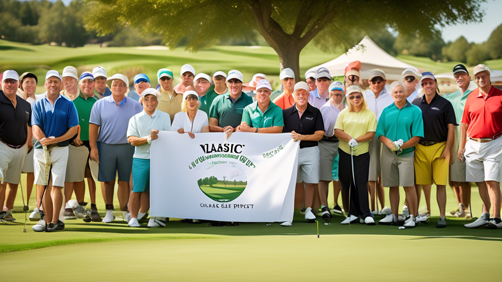 Create an image of a scenic golf course during a charity event. The scene features golfers playing, a banner that reads Vlasic Classic Charity Golf Event near the club house, and small signs along the