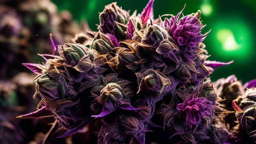 Create a vivid and detailed illustration of the Chocolate Hashberry cannabis strain. Showcase rich, chocolate-colored buds with hues of deep purple and green, encrusted with sparkling trichomes. Inclu