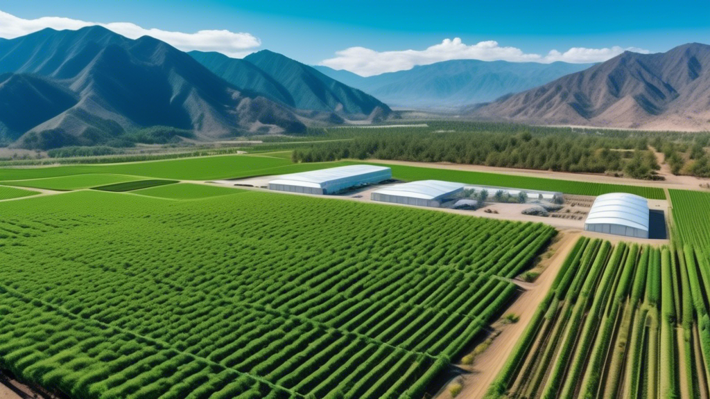 A breathtaking aerial view of a lush, thriving marijuana farm stretching across acres of land. Rows of vibrant green cannabis plants are meticulously arranged, showcasing advanced cultivation techniqu