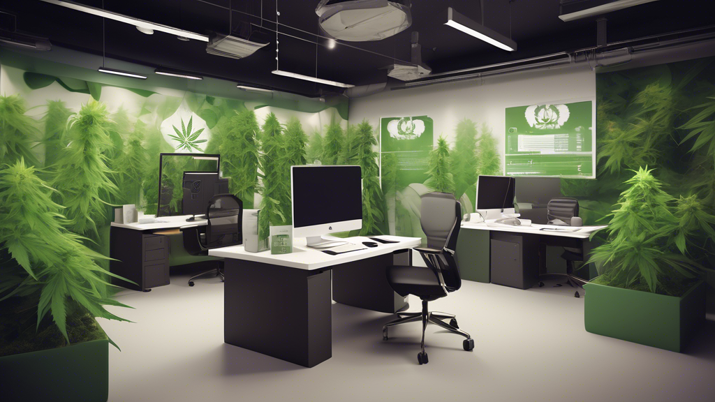 Create an image that showcases a thriving cannabis company with strong financial stability. The scene should include a modern office environment with professional employees working diligently. Display