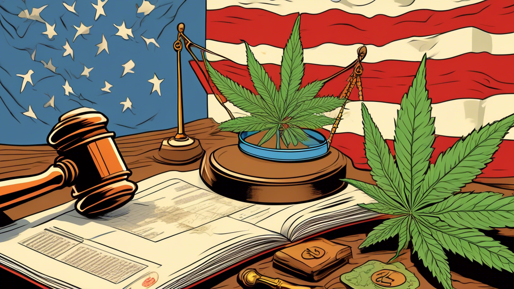 Create an image depicting a legislative courtroom scene in North Carolina with a focus on marijuana laws. Show a gavel, a balanced scale symbolizing justice, and a map outline of North Carolina with m