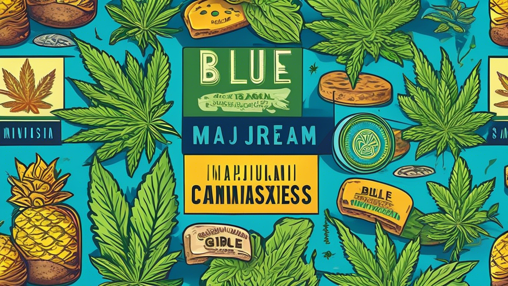 Create a vibrant and colorful illustration showcasing various popular marijuana strains. Include detailed representations of cannabis plants and highlight their unique names such as 'Blue Dream,' 'Sou