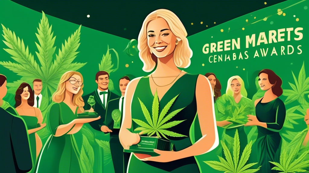 Create an illustration of a formal awards ceremony, with a prestigious stage backdrop adorned with green decor and cannabis motifs. Highlight the central figure, Beth Kotarba, elegantly dressed and ho