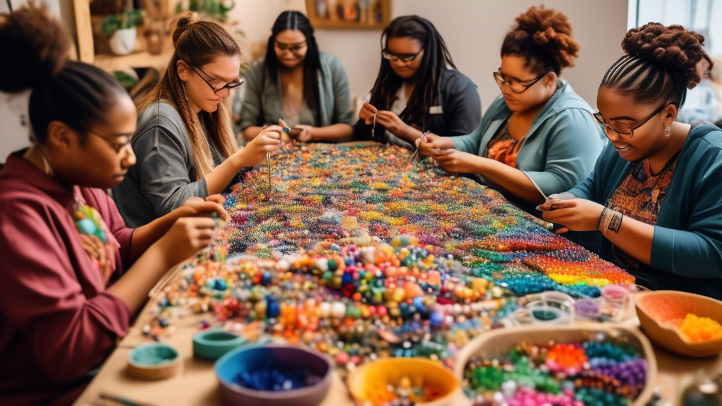 Create an image depicting a vibrant workshop scene where people of diverse backgrounds are engaged in bead crafting and artistic activities. Some participants can be seen arranging colorful beads into