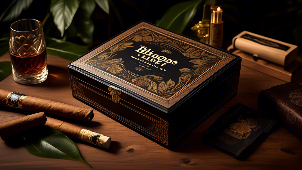 An intricately designed cigar box marked 'Black Label Trading Co.' rests on a polished wooden table, surrounded by rich, luscious tobacco leaves. The cigars inside, labeled 'Bishops Blend,' exude rust