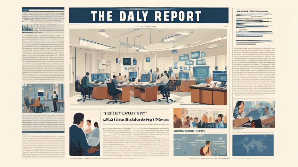 Create a visually engaging and detailed image for 'The Daily Report: July 8, 2024.' The image should depict a bustling newsroom with journalists typing on computers, a large wall-mounted digital clock