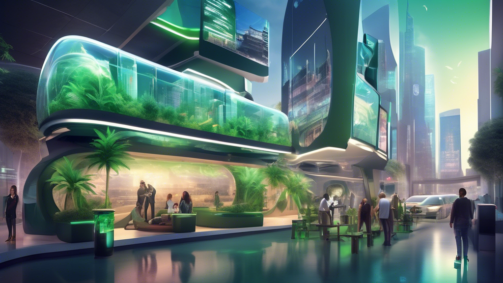 Create an image depicting a futuristic scene in 2024 where marijuana is legalized. Showcase a modern cityscape with sleek dispensaries featuring high-tech designs, people responsibly using marijuana i