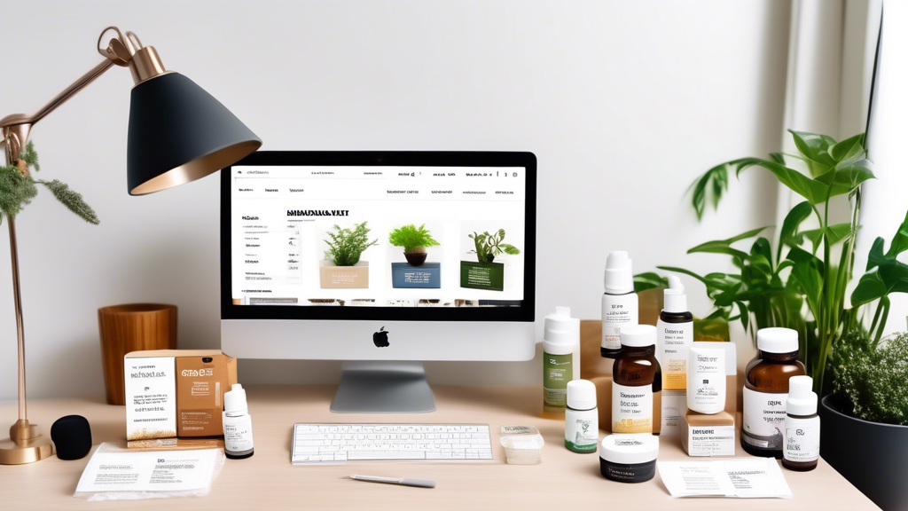 Create an image of a neat and organized home office desk with several prominently displayed detox kits and herbal supplement bottles. Include branded packaging that suggests they are from Amazon, with