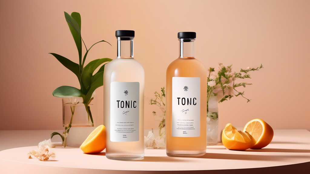 Create an image featuring a sleek and stylish tonic brand spotlight. The scene should depict a well-designed tonic bottle with a modern label, elegantly highlighted by a soft, ambient light. Include s