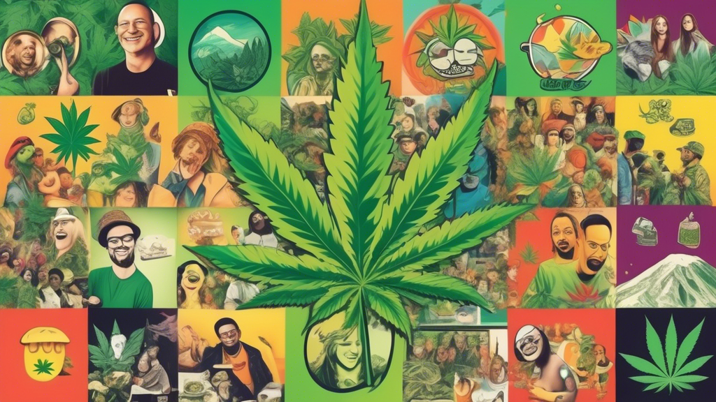 Create an image that captures the essence of The Rise of 420 Marijuana Memes: A Cultural Phenomenon. The background should feature a vibrant, modern online landscape with various popular social media 