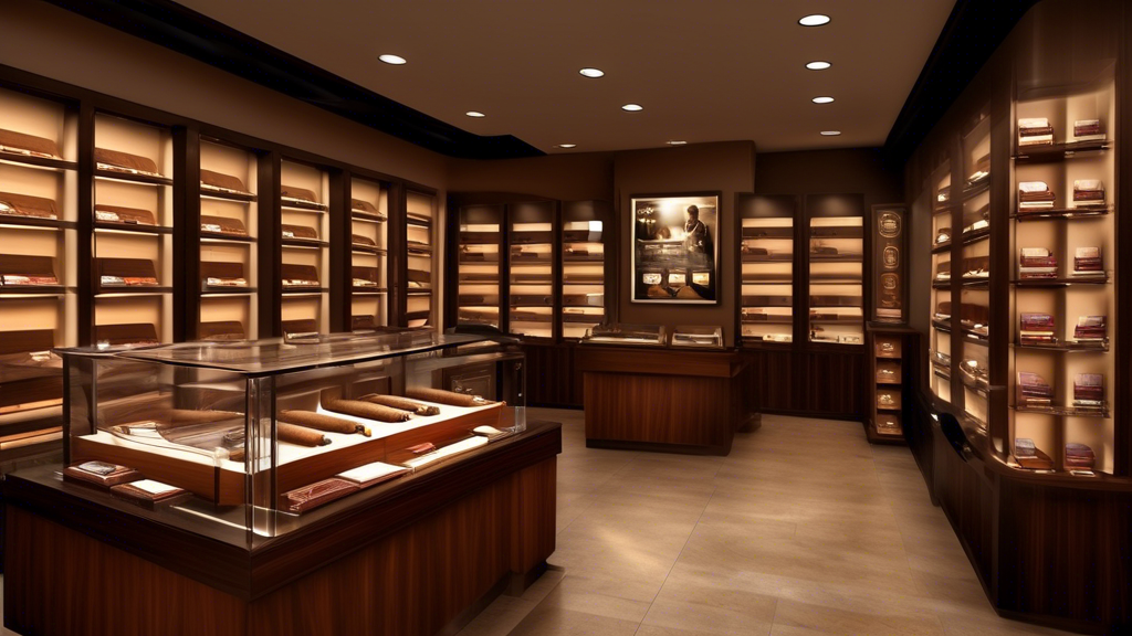 Photorealistic image of a sleek, modern cigar shop interior featuring a stylish display with the new Alec Bradley 'Safe Keepings' cigars. The display showcases luxurious cigar boxes with elegant brand