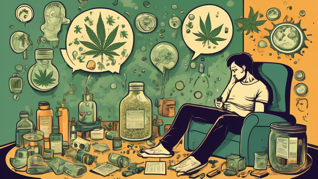 An informative and visually engaging illustration that captures the concept of marijuana addiction. The image should include a person sitting in a room with marijuana paraphernalia like a vaporizer, r