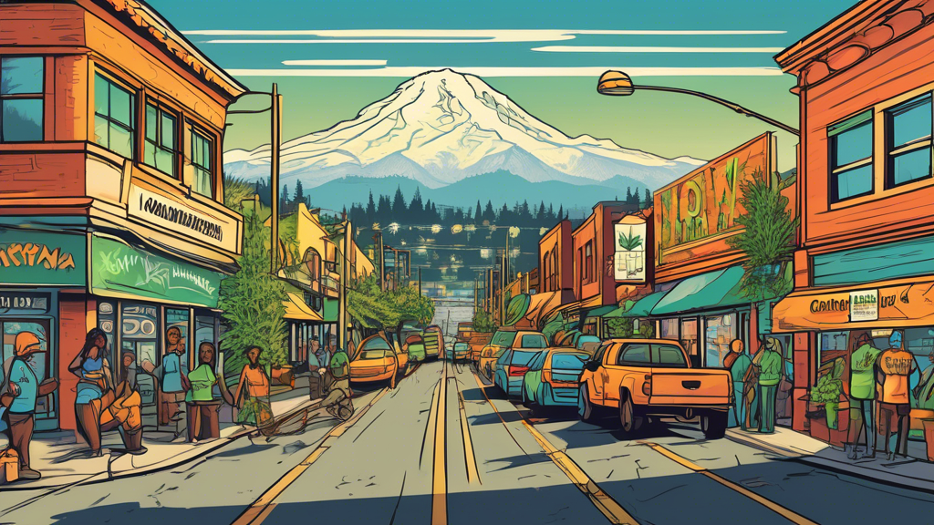 Create an illustration of a bustling urban street in Tacoma with vibrant storefronts displaying 'Now Hiring' signs specific to the marijuana industry. Include diverse people engaging in various job ro