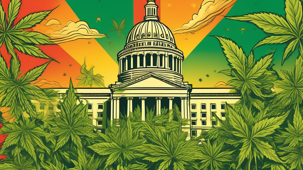 Create an image illustrating the concept of marijuana legislation in Nebraska, blending iconic Nebraska elements such as the state capitol building and cornfields with symbols of legislation like gave