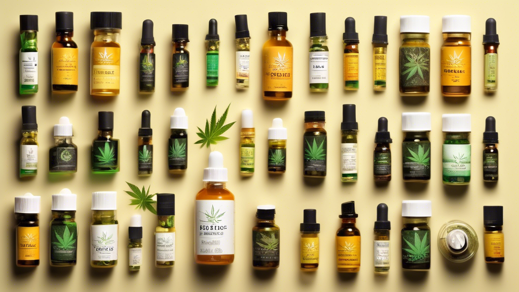 Create an image that showcases various cannabis and hemp extracts used for oils, edibles, and other products. Include detailed visual representations of items like tinctures, wax, shatter, budder, ros