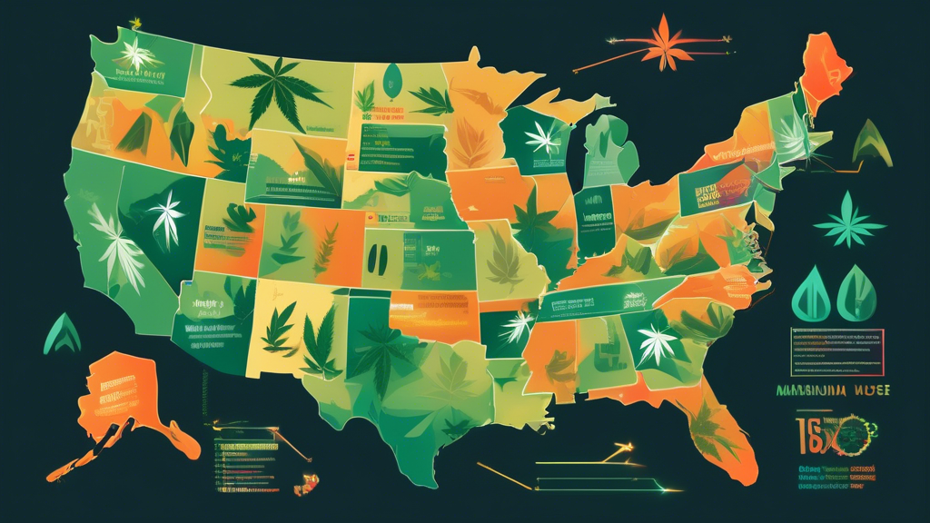 Create an infographic-style image showing a map of the United States. Different colors indicate varying levels of marijuana use across the states. Include icons or symbols representing marijuana leave