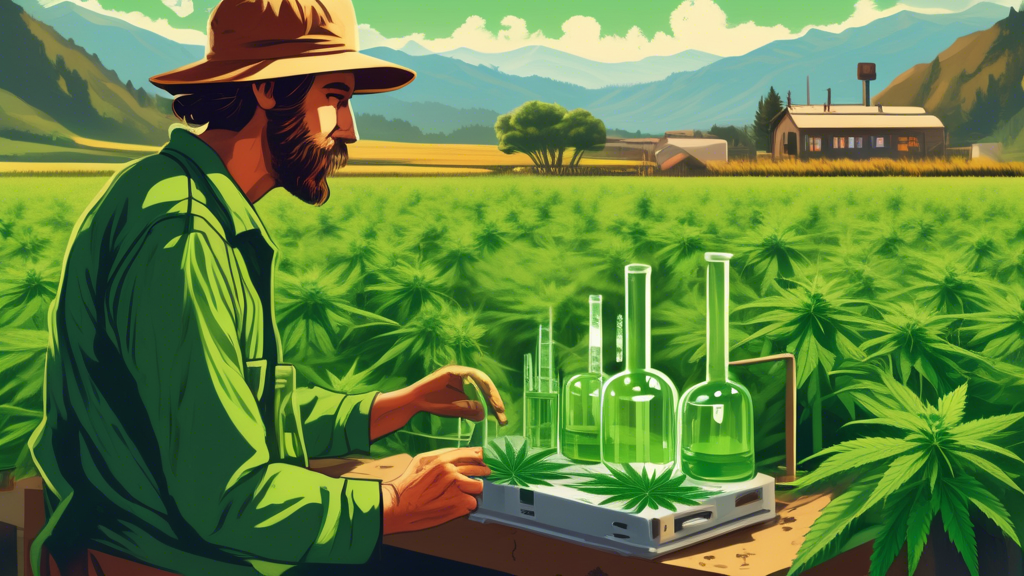 Create an image showing a California cannabis farm with a background of lush fields and mountains. In the foreground, illustrate a distressed farmer holding a cannabis plant that appears unhealthy. Su