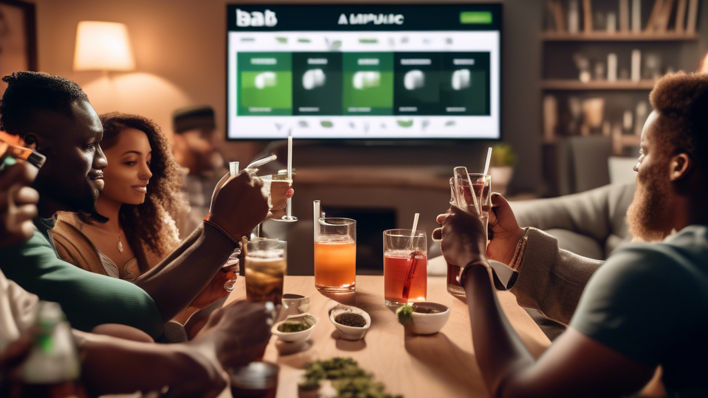 Create an image that shows a group of diverse adults at a modern social gathering in a cozy living room. Some participants are holding marijuana joints or vaping devices while others are carrying cups