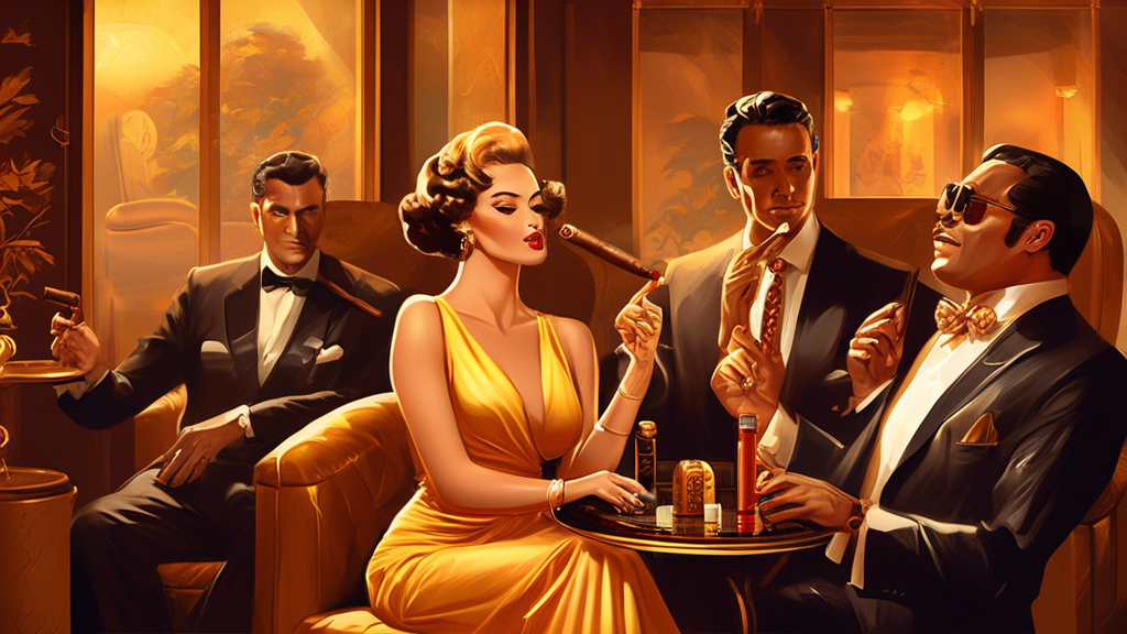 Create an image of a sophisticated cigar lounge with well-dressed people enjoying fine cigars. Feature prominently the Punch Golden Era Lancero cigar, showcased in elegant packaging. Ensure the ambian