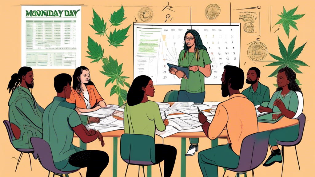 Create an image showing a diverse group of people from various backgrounds and professions gathered around a table piled with papers, laptops, and cannabis plant illustrations. They are actively discu