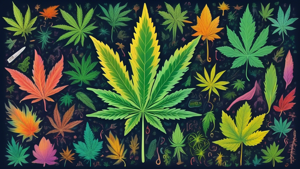 An illustrated encyclopedia page showcasing a diverse collection of cannabis leaves, each annotated with a surprising fact in whimsical font, set against a backdrop of a mystical forest.