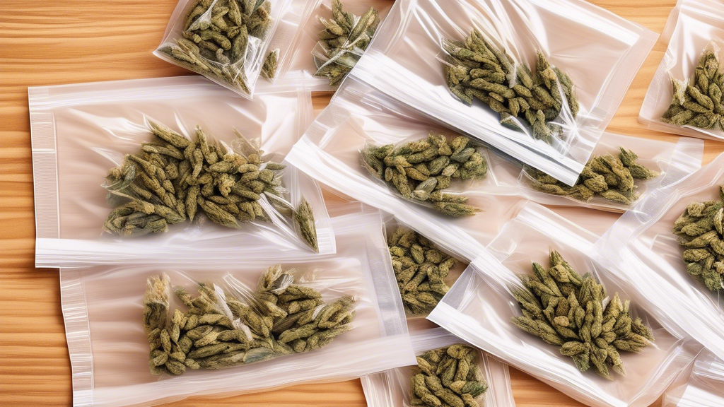 A high-resolution photograph featuring neatly organized marijuana buds stored in transparent Ziplock bags, displayed on a clean, wooden surface. The image should highlight the freshness and quality of