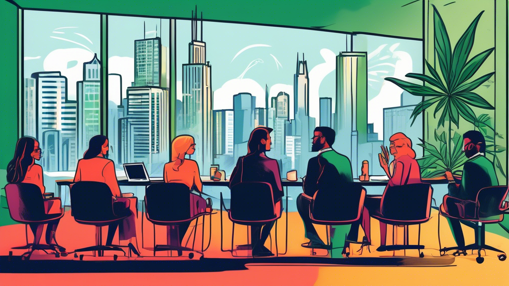 Create an image of a professional conference setting in Chicago with a focus on legal professionals discussing cannabis rescheduling. The scene should include a modern conference room with a skyline v