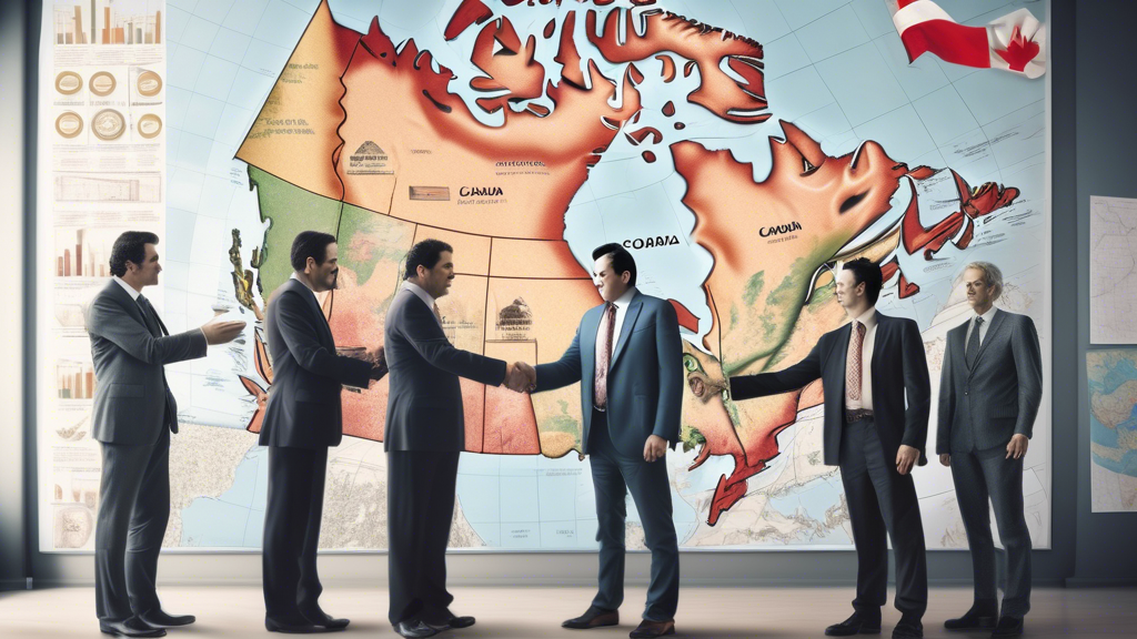 Create an image of a formal business meeting room with a large map of Canada in the background. Show people in business attire shaking hands, and one man who resembles Pablo Escobar prominently standi