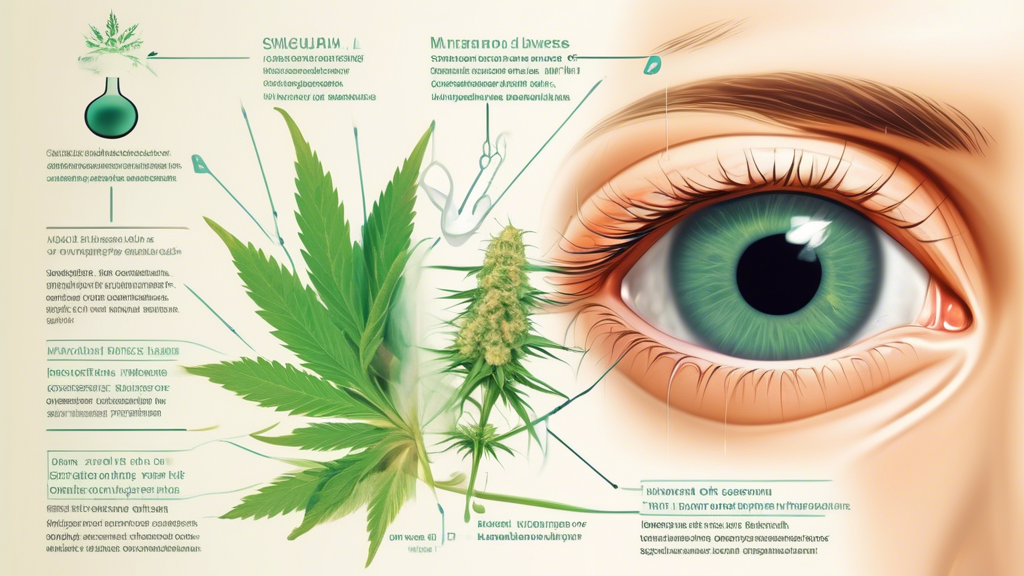 A detailed medical illustration showing a human eye with glaucoma, with one half of the image depicting the eye with increased intraocular pressure and optic nerve damage, and the other half showing t