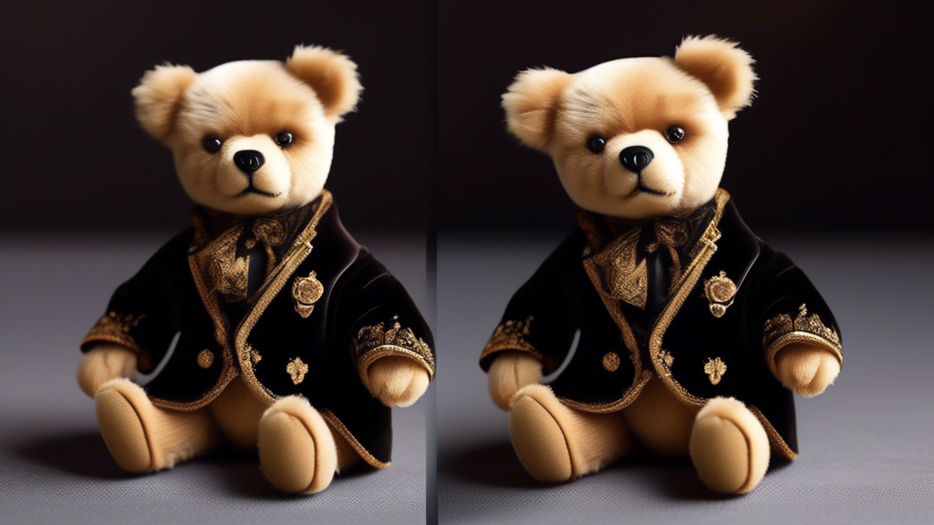 Create an image of a sophisticated, small teddy bear named 'Mini Henkie,' sporting a luxurious velvet smoking jacket. The jacket should have embroidered gold accents and a silky lining. Mini Henkie sh