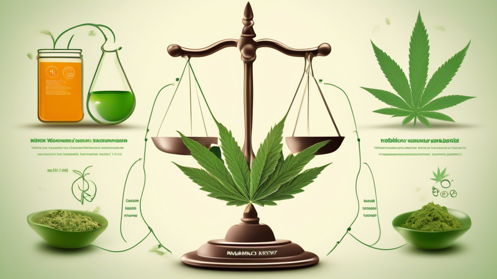 Create an image that visually represents the impact of marijuana on kidney health. Include a balanced scale; one side with a healthy kidney surrounded by elements symbolizing natural remedies and well