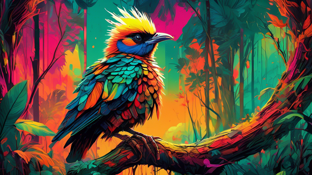 Create an image of a vibrant, colorful bird perched on a branch in a lush, detailed forest scene. Nearby, a fierce, warrior-like character inspired by Furiosa Imperator from Mad Max: Fury Road stands 