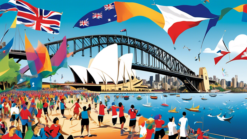 Create an image of a lively and vibrant coastal cityscape of Sydney, Australia, featuring the iconic Sydney Opera House and Harbour Bridge. In the foreground, depict enthusiastic participants of the C