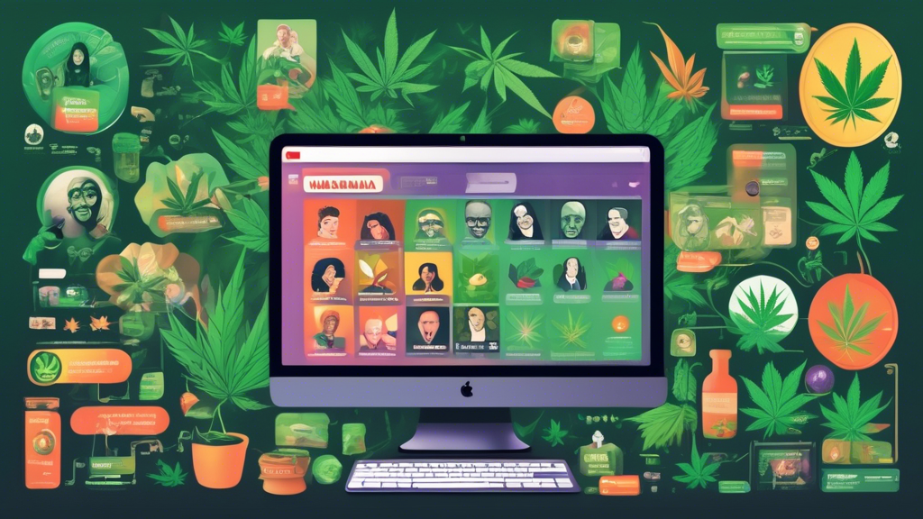 Create a digital illustration of a YouTube interface on a computer screen, showcasing various video thumbnails related to marijuana content. Include diverse thumbnails featuring people discussing cann