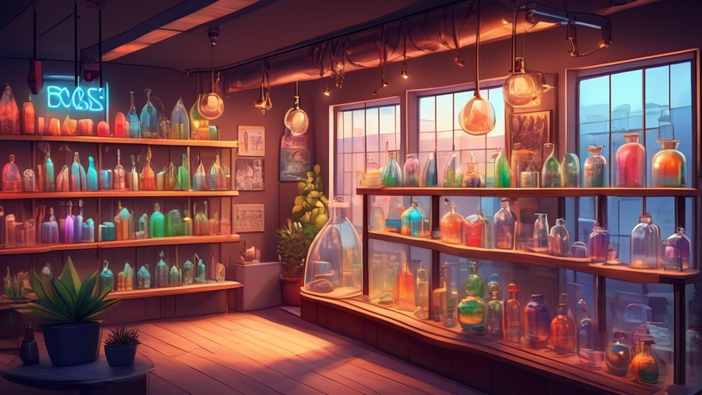 Create a detailed illustration of a cozy, modern glass shop with a welcoming atmosphere, showcasing a variety of intricately designed glass pipes, bongs, and accessories displayed on wooden shelves. T