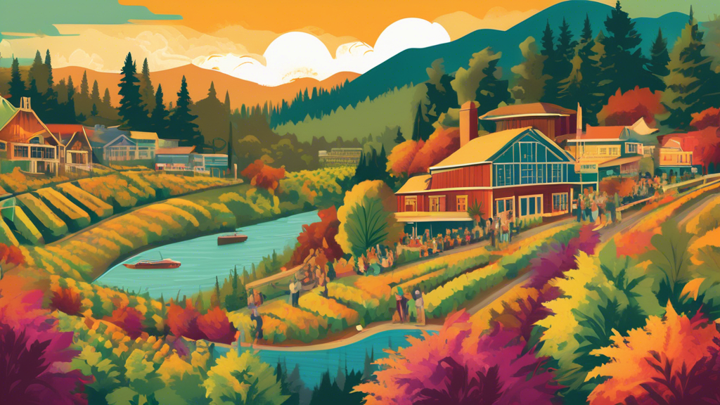 Create an image of a scenic view of Woodinville with a blend of local elements like wineries and landmarks. Include a community gathering where people of different ages and backgrounds are engaged in 