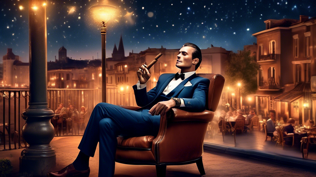 Create an image of a luxurious evening scene featuring a dapper gentleman enjoying an Aladino Super Toro cigar. The night sky is starry, with a soft glow from vintage street lamps. Smoke elegantly waf