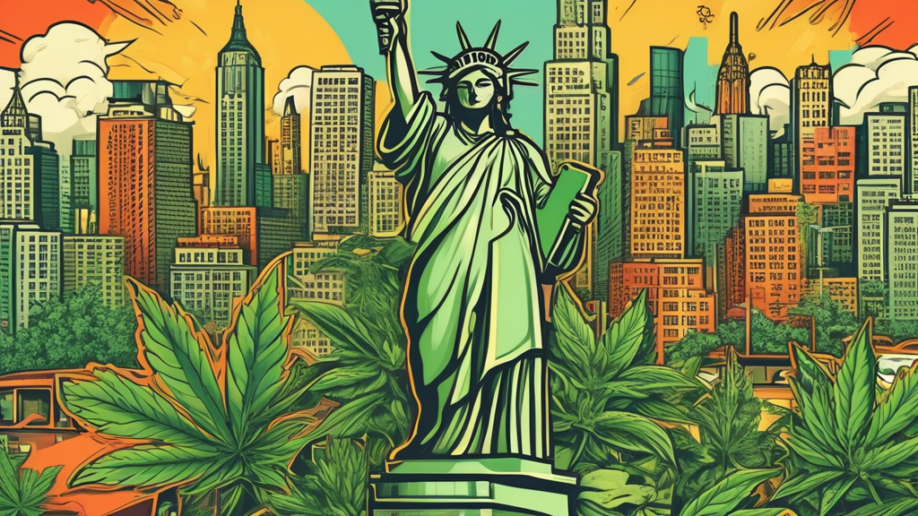 Create an image that depicts the legalization of marijuana in New York. Show a balance between a vibrant urban setting with recognizable New York landmarks, such as the Statue of Liberty, and represen