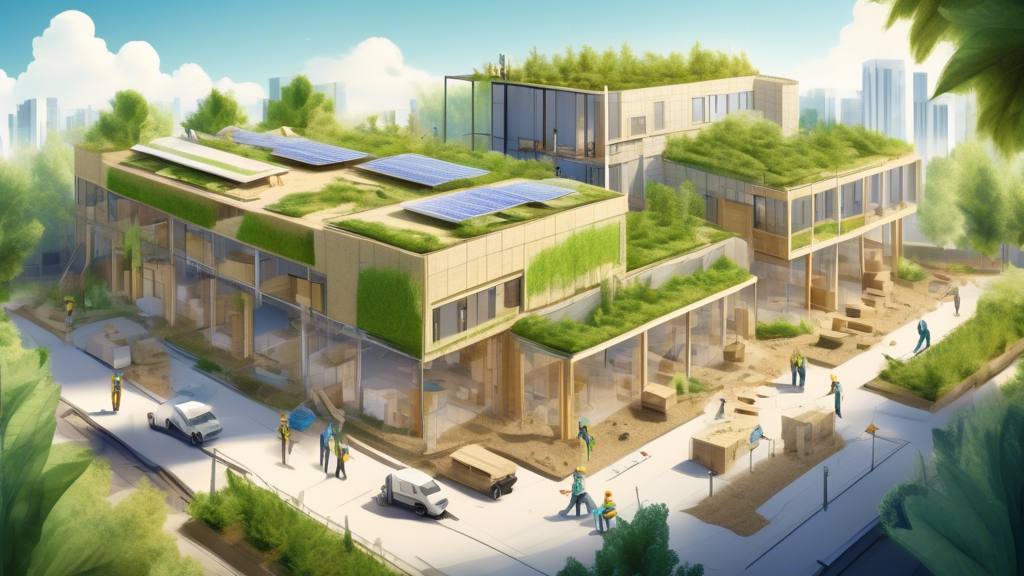 Create an illustration showing a sustainable construction site with modern, eco-friendly buildings being constructed. Highlight the use of hempcrete and other green building materials. Include workers