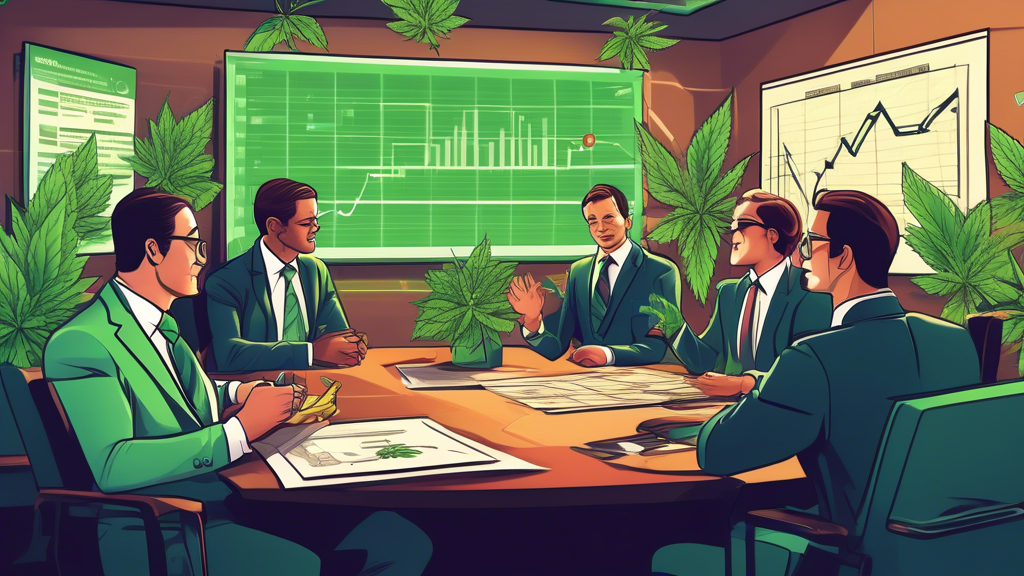 Create a detailed, high-resolution illustration depicting a boardroom of a public company with executive figures discussing cannabis stock buyback programs. The scene should include financial charts a