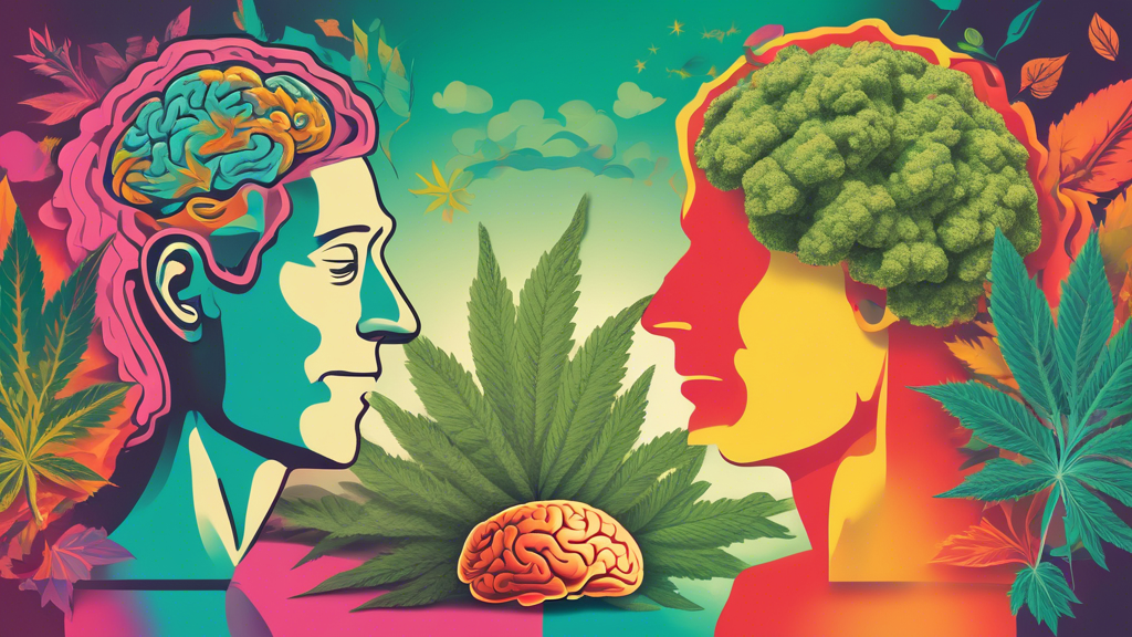 Create an image showing a split scene: one half depicting a person using marijuana in a relaxed, colorful setting, and the other half showing a brain with visual cues indicating memory loss and cognit