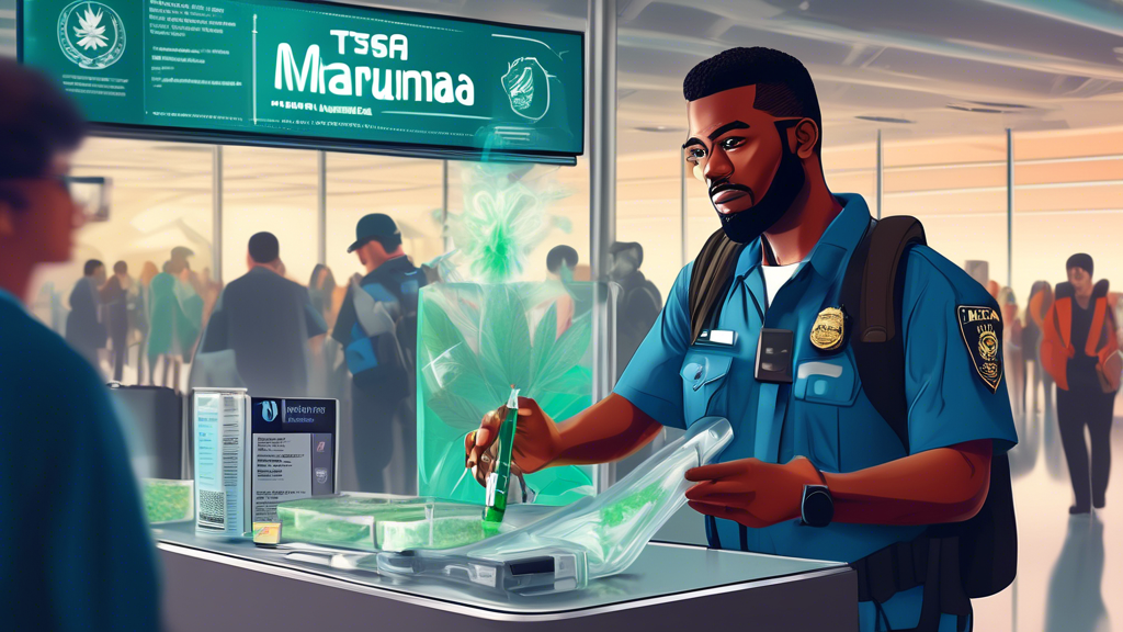 Create an image of a traveler at an airport security checkpoint holding a transparent bag with a marijuana vape pen inside. The TSA agent is examining the contents with a confused look, while signs in