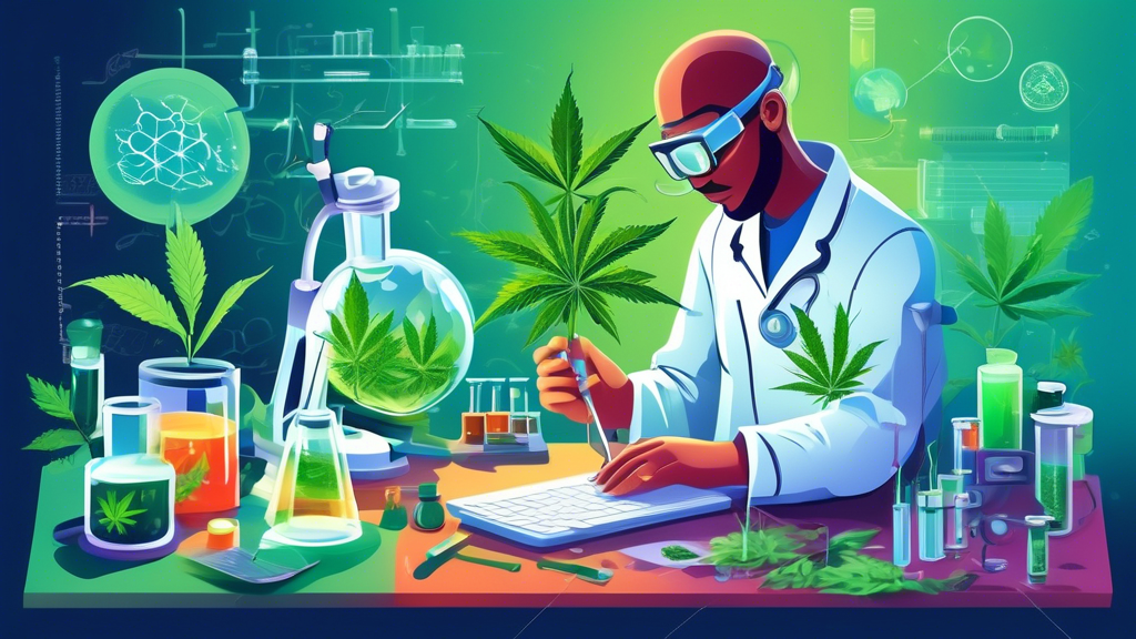 Create an image that depicts a combination of scientific research and the marijuana plant. Show a laboratory setting with researchers examining data, charts, and microscopic images, with cannabis leav